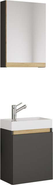 VCM 3-tlg. Gäste-WC Set mit Keramik-Waschbecken, Spiegelschrank und Unterschrank mit Softclose-Funktion, Wandmontage, Unterschrank H: 55 cm, B: 41 cm, T: 22 cm - Bild 1