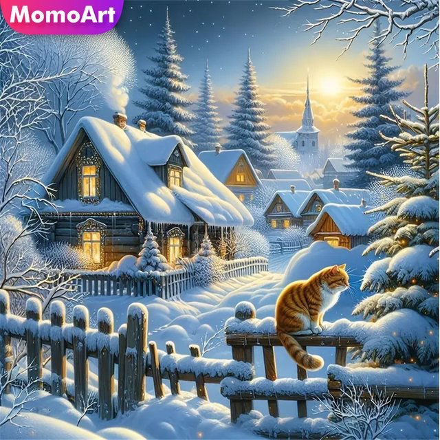 Momoart DIY Diamantstickerei Set Winter Landschaft mit Katze, Mosaik Kreuzstich Kit, Mehrfarbig, Tischmodell - Bild 1