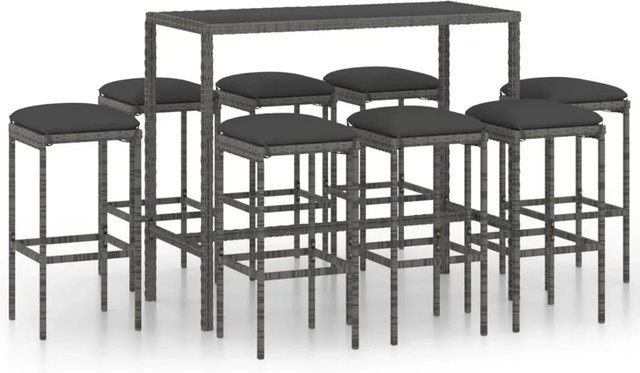 vidaXL 9-tlg Gartenbar-Set aus Poly Rattan mit Kissen in Grau - Bild 1