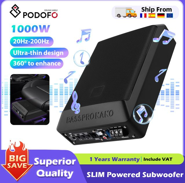 Podofo Aktiv-Subwoofer für unter den Autositz mit Verstärker-Kit und Audiokabel, Schwarz - Bild 1