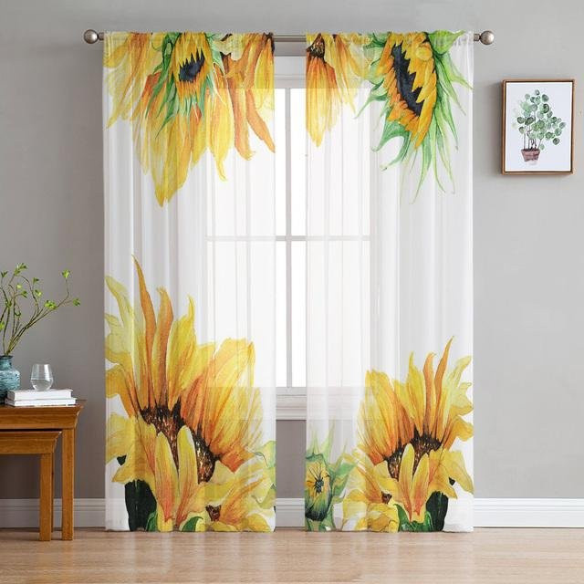 A Family Of Home Textiles Transparenter Chiffon-Vorhang mit Sonnenblumen-Design in Weiß, B: 135 cm, H: 114 cm - Bild 1