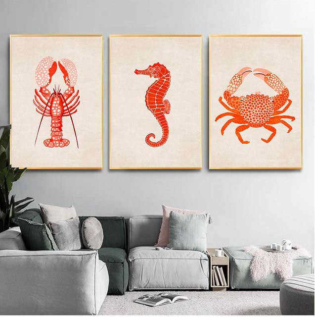 Potdemiel Leinwand Wandkunst im Vintage-Stil mit Meeresmotiven wie Hummer, Seepferdchen und Krabbe in Rot - Bild 1