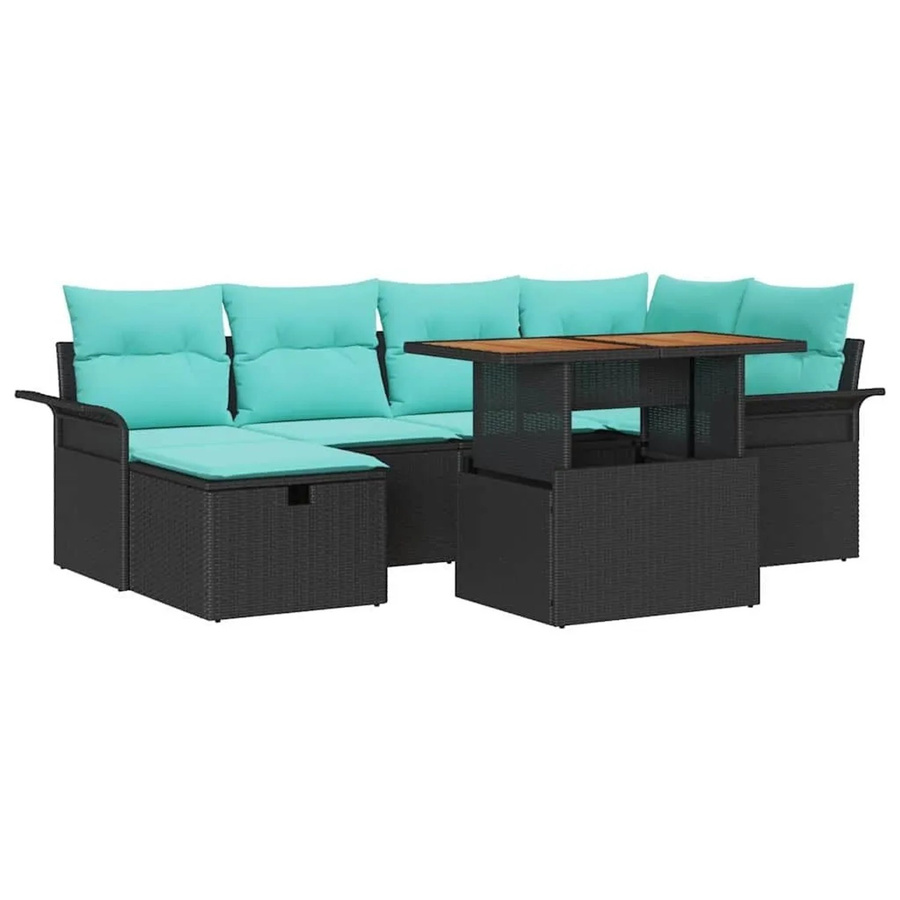 vidaXL Garten-Sofa-Set aus Polyrattan in Schwarz mit blauen Polstern und Couchtisch, 7-teiliges L-Shape Lounge-Set für Terrasse und Garten - Bild 2
