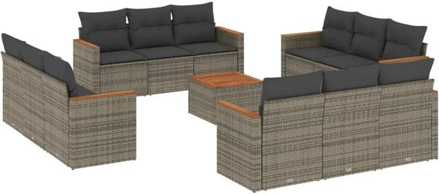 vidaXL 13-tlg. Garten-Sofagarnitur in U-Form aus Polyrattan und Akazienholz mit Kissen in Grau - Bild 1