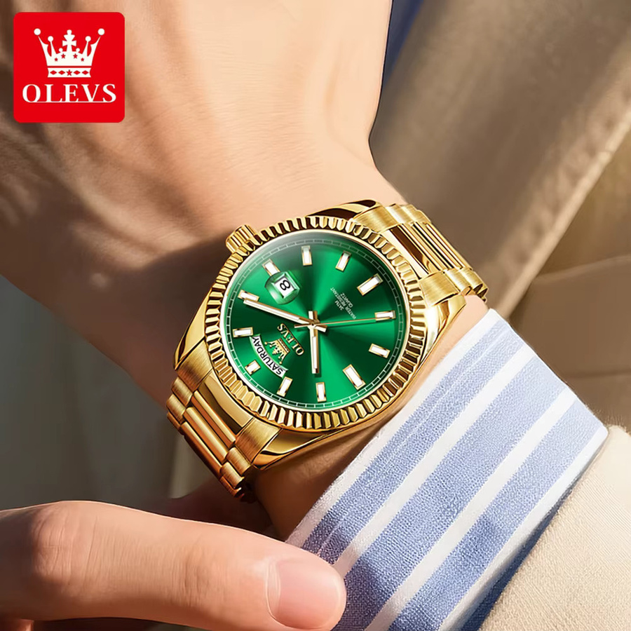 OLEVS Armbanduhr Quarz, Edelstahl, Gold, Grün, Herren - Bild 5