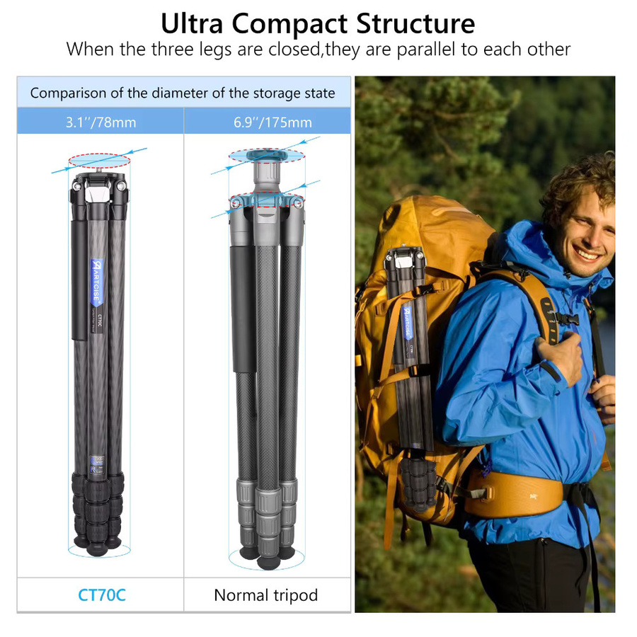 ARTCISE CT70C Carbonfaser-Reisestativ in Schwarz, professionelles DSLR-Stativ mit 29mm Rohr, Belastbarkeit bis 20kg, Höhe: 158 cm - Bild 3
