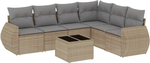 vidaXL 7-teilige Garten-Sofagarnitur aus Poly-Rattan mit Kissen in Beige - Bild 1