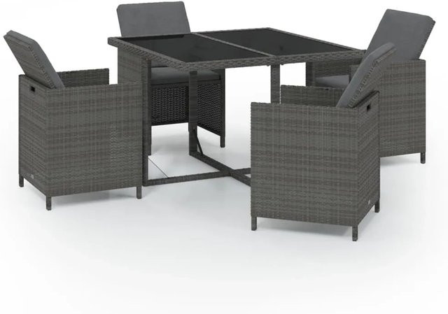 vidaXL 5-tlg Garten-Essgruppe aus Poly Rattan in Grau mit Auflagen und Glastisch - Bild 1