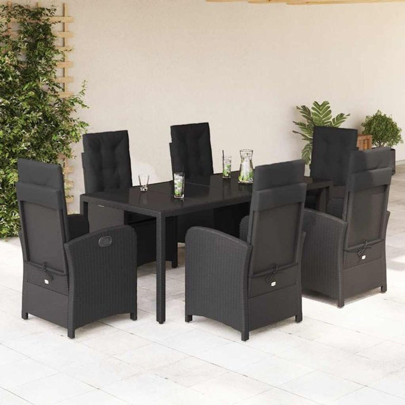 Vidaxl Gartenmöbel-Set aus Polyrattan mit Kissen und Glastisch, 7-teilig, Schwarz - Bild 1