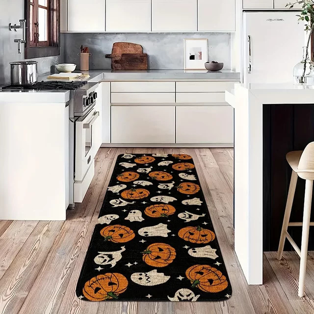 VIKAMA Halloween Dekor Teppich mit Kürbis und Geist, Wasserdichte Bodenmatte für Küche, Flur, Wohnzimmer und Schlafzimmer, Mehrfarbig, B: 120 cm, T: 40 cm - Bild 1