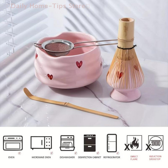 Hoeaden Matcha-Set aus Keramik in Pink mit Herz-Motiv, rund, bestehend aus Matcha-Schüssel, Bambus-Schneebesen mit Halter, Bambus-Schaufel und Sieb - Bild 1