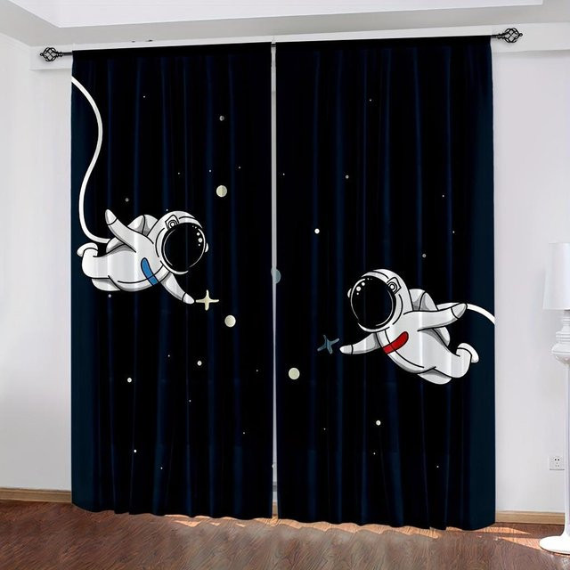 2er-Set Yiran Furniture Vorhänge mit 3D-Digitaldruck Galaxie Sternenhimmel und Astronaut, Blau, halbtransparent, Ösenaufhängung, B: 60 cm, H: 50 cm pro Stück - Bild 1