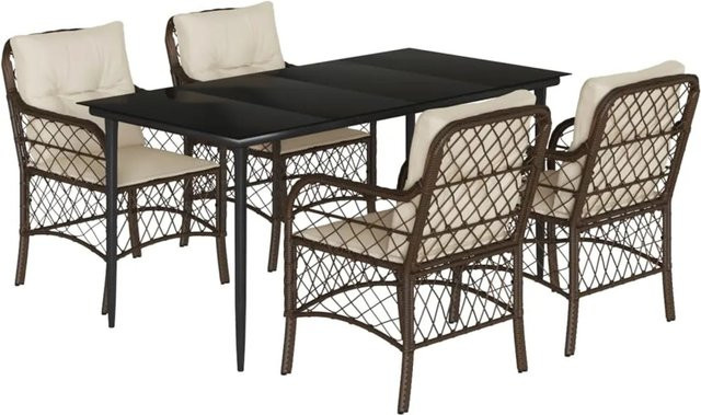 vidaXL 5-teilige Garten-Essgruppe aus Poly-Rattan mit Kissen in Braun und cremeweiß, Tisch mit gehärtetem Glas und pulverbeschichtetem Stahl - Bild 1