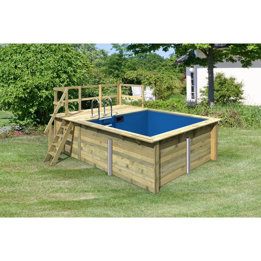 Karibu Inground Pool Set aus Fichtmassivholz mit Sonnenterrasse, Farbe Blau, B: 350 cm, T: 320 cm, H: 124 cm, inklusive Poolfolie, Schutzvlies und Einhängeleiter - Bild 2
