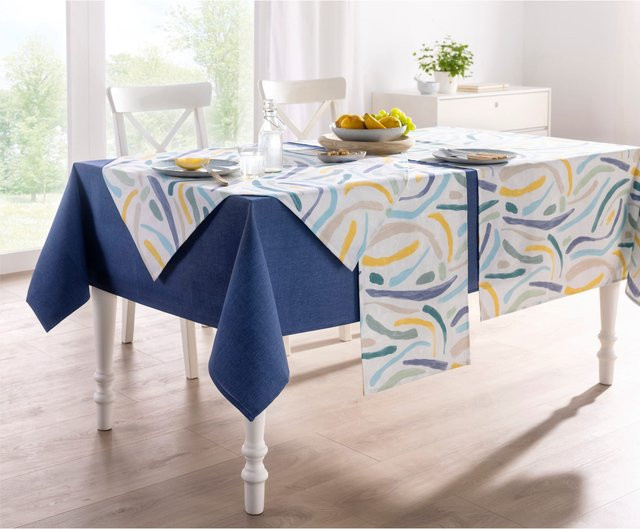 Tischdecke Heine in Blau und Multicolour, rechteckig, fleckenabweisend und abwaschbar, Material: 70% Baumwolle, 30% Polyester - Bild 1