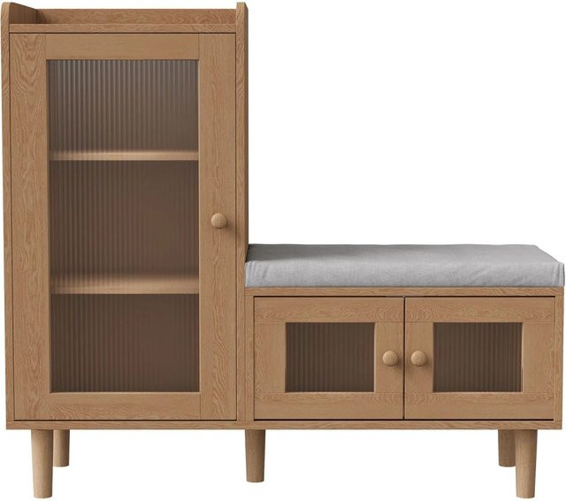 PXloue Schuhschrank mit Sitzbank und Glastüren in Holzoptik, B/T/H: 100 x 35 x 90 cm - Bild 1