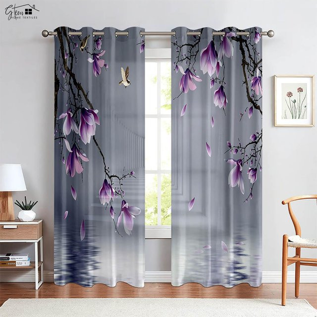 Yiran Furniture Vorhänge im chinesischen Stil mit 3D-Blumenmuster, semi-transparent, Polyester, B: 50 cm, H: 130 cm, 2 Stück - Bild 1