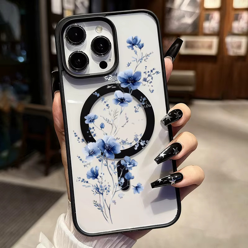 Transparente Magnetische Handyhülle mit blauem Blumenmuster für Apple iPhone 17 16 15 14 13 12 11 Pro Max Plus Air Stoßfester Schutz - Bild 2