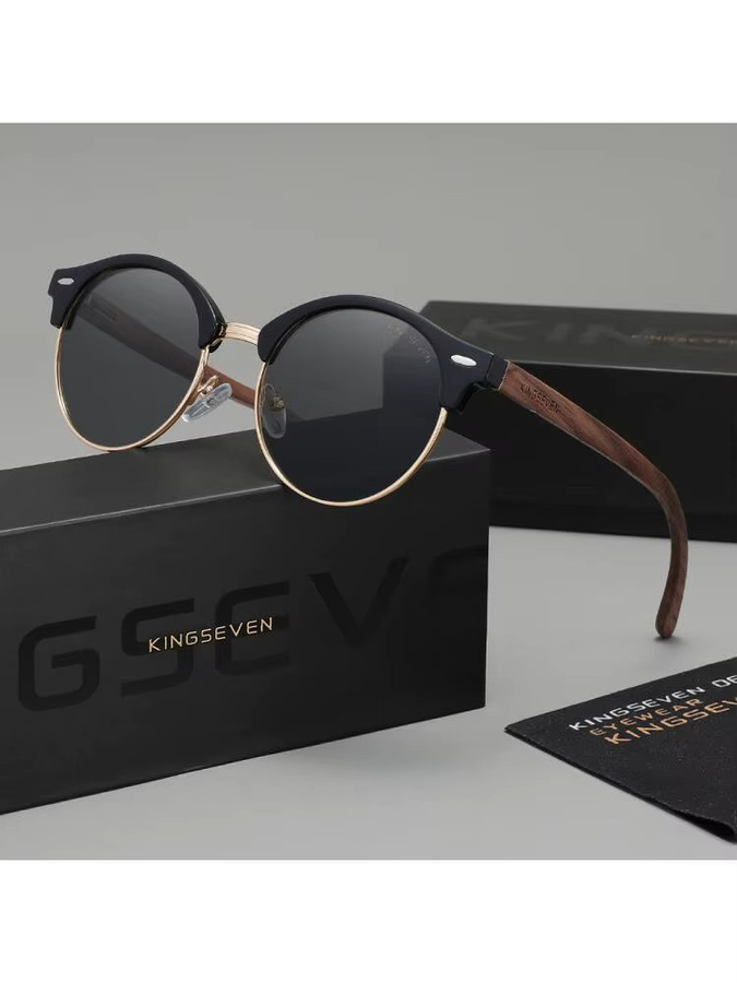 KINGSEVEN Sonnenbrille, Holz, Rund, Vollrand, Schwarz, Unisex, polarisiert - Bild 4