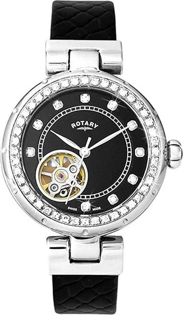 Rotary Skeleton Damenuhr, Automatik, Edelstahl, 34 mm, Leder, Schwarz, 5 ATM - Bild 1