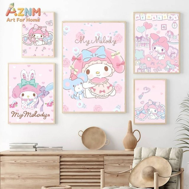 AZNM My Melody Sanrio Leinwand-Wandkunst, rosa Canvas-Poster mit niedlichem Cartoon-Kaninchen und Blumenmotiv - Bild 1