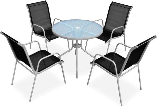 vidaXL 5-tlg Garten-Essgruppe Modell 7 aus Stahl in Schwarz und Grau mit rundem Tisch aus gehärtetem Riffelglas und Textilene-Stühlen - Bild 1