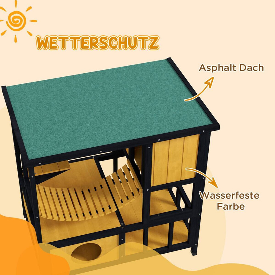 PawHut Outdoor-Katzenhaus aus Kiefernholz und Tannenholz, wetterfest mit erhöhtem Boden, Gelb-Schwarz, B: 60 cm, T: 84,5 cm, H: 88 cm - Bild 7
