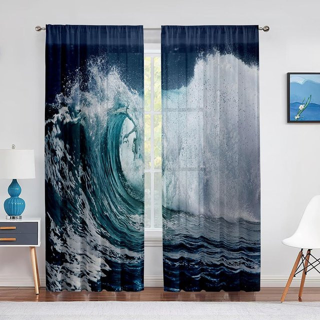 Binchi Outdoor Equipment Transparenter Chiffon-Vorhang mit Ozean- und Wellen-Motiv in Blau, Breite: 100 cm, Höhe: 250 cm - Bild 1