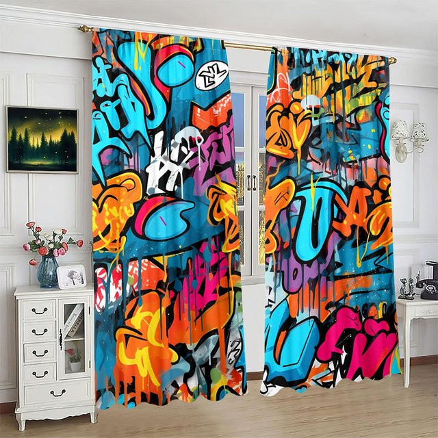 2er-Set Vorhänge mit Doodle-Grafikdruck aus Polyester, halbtransparent, mehrfarbig, Breite: 106,68 cm, Höhe: 213,36 cm - Bild 1