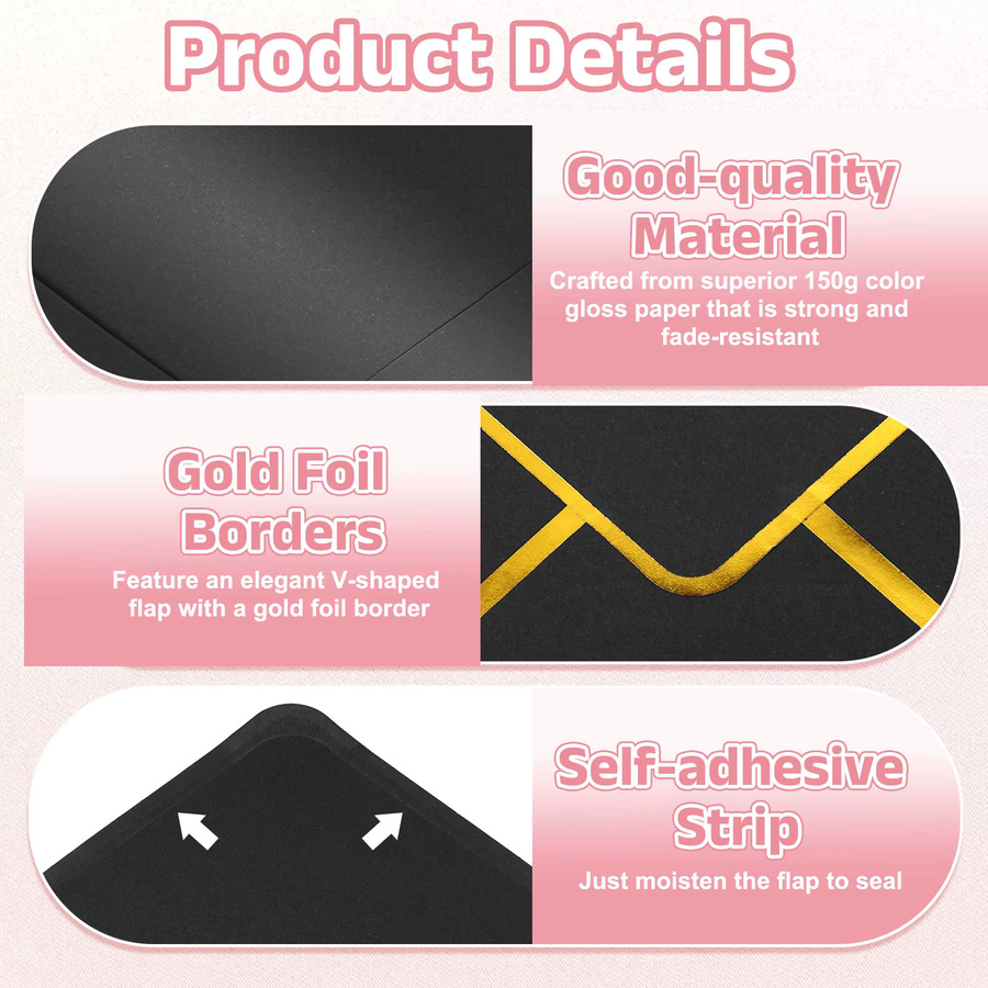 100 Stück A7-Umschläge mit goldenem Rand in Gold und Pink aus Papier mit Klebefläche für Einladungen, Grußkarten und Geschenke - Bild 1