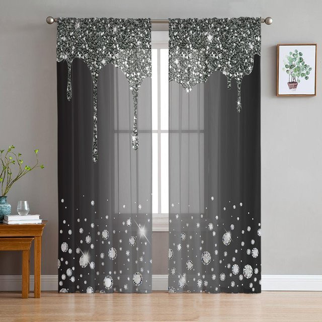 Super Six Chiffon Fenstergardine mit Diamant-Tropfen-Textur in Grau und Schwarz, transparent und glänzend, Breite: 135 cm, Höhe: 114 cm - Bild 1