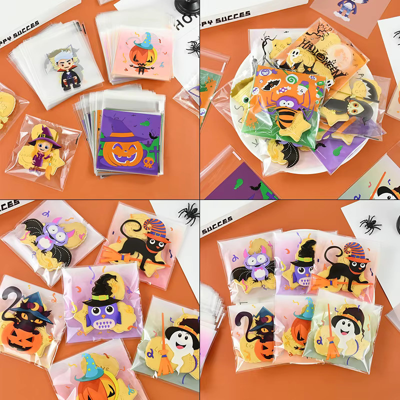 100 Stück Halloween Bonbon Beutel mit Kürbis Muster, bunte Snack Verpackung aus Kunststoff mit Klebestreifen für DIY Lebensmittelverpackung - Bild 3