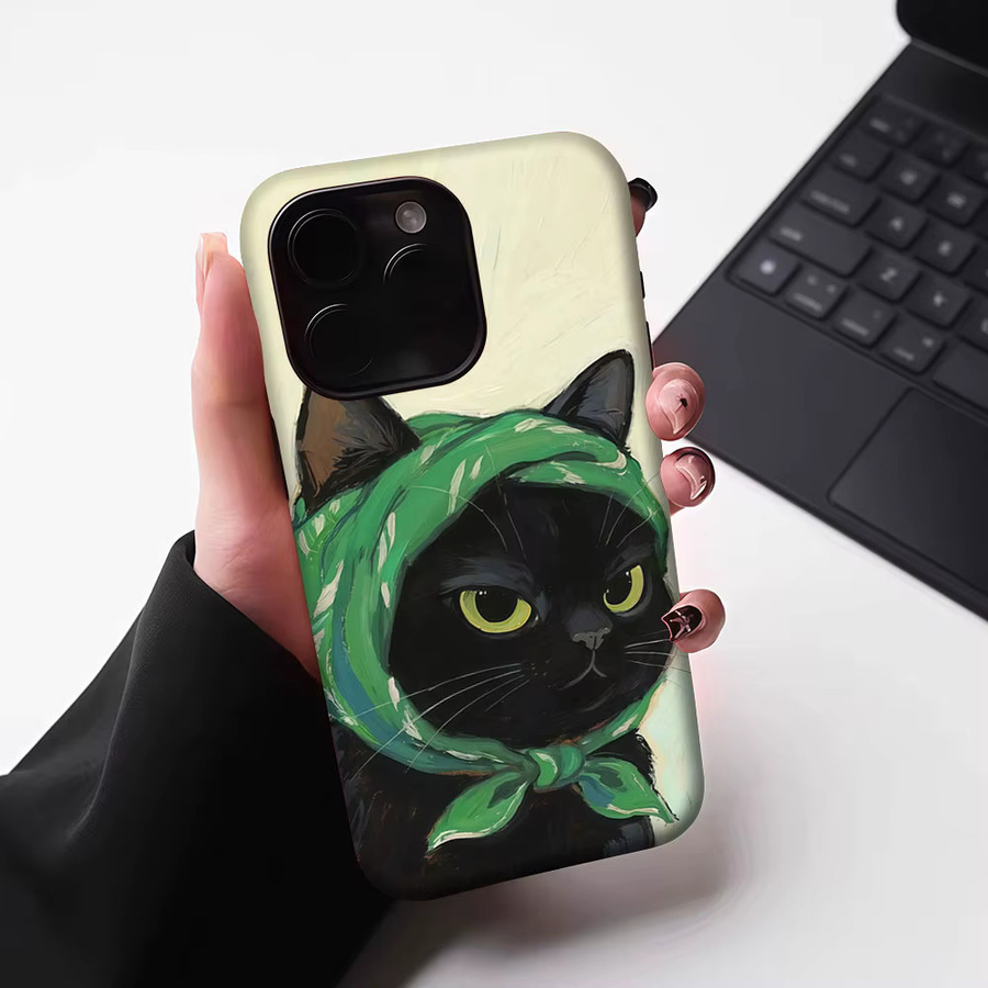 Aurbe 2-in-1 MagSafe Hülle mit Film für iPhone 17 16 15 Plus Pro Max, stoßfeste Hartschale, Design Schwarze Katze mit grünem Kopftuch - Bild 6