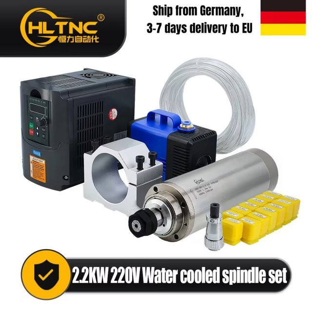 HLTNC Spindelmotor Set mit 2,2KW, 24000 U/min, wassergekühlt, einphasig 220V inklusive Frequenzumrichter, Wasserpumpe, Spannzange und Spindelhalterung, multicolour - Bild 1