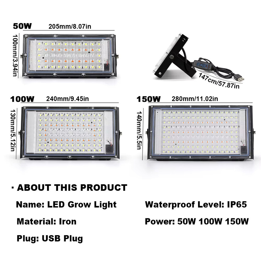 LED-Wachstumslicht in Schwarz mit Vollspektrum-Pflanzenlicht, USB-Anschluss, einstellbarer Helligkeit und IP65-Schutz für Hydrokultur und Pflanzen - Bild 2