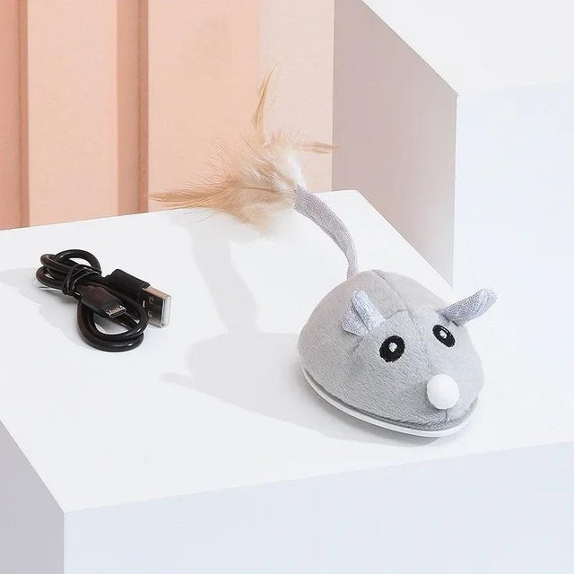 Yiran Furniture Interaktives Mausspielzeug für Katzen, USB-Ratte mit Federspielzeug, grau - Bild 1