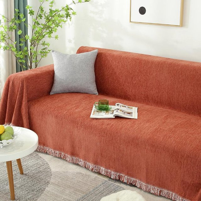 Yupartex Chenille-Sofabezug mit Quasten in Orange, XL Tagesdecke aus Jacquard-Polyester, Breite: 260 cm, Tiefe: 180 cm - Bild 1