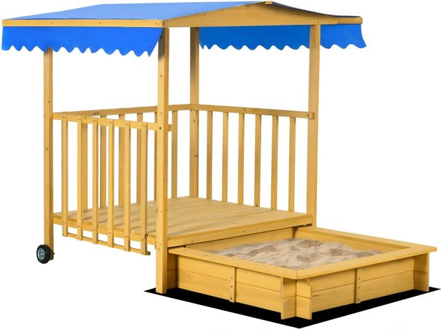 Outsunny Sandkasten aus Holz mit Dach und Spielhaus in Natur, B/H/L: 129 x 137,5 x 133 cm - Bild 1