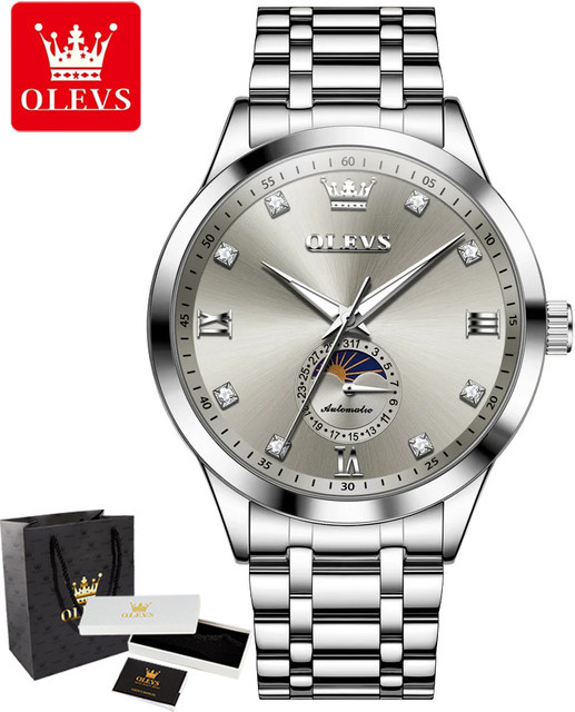 OLEVS Armbanduhr, Automatik, Edelstahl, Silber, Diamant, Mondphase, Herren - Bild 1