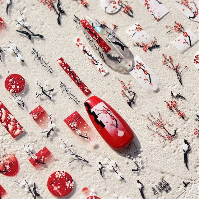 Rhstoe Nagelkunst Aufkleber, Rote Pflaumenblüte, 3D Maniküre Dekoration - Bild 1