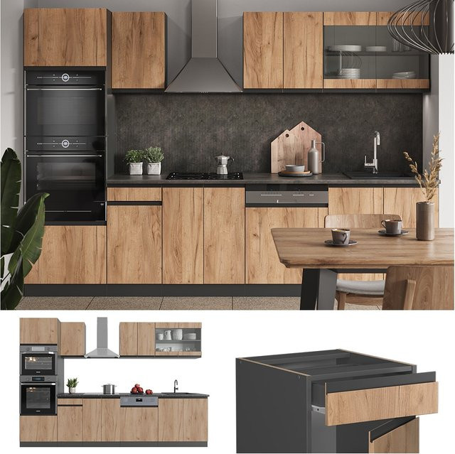 Vicco Küchenzeile R-Line J-Shape in Anthrazit und Eiche, moderne Einbauküche mit 300 cm Breite - Bild 1