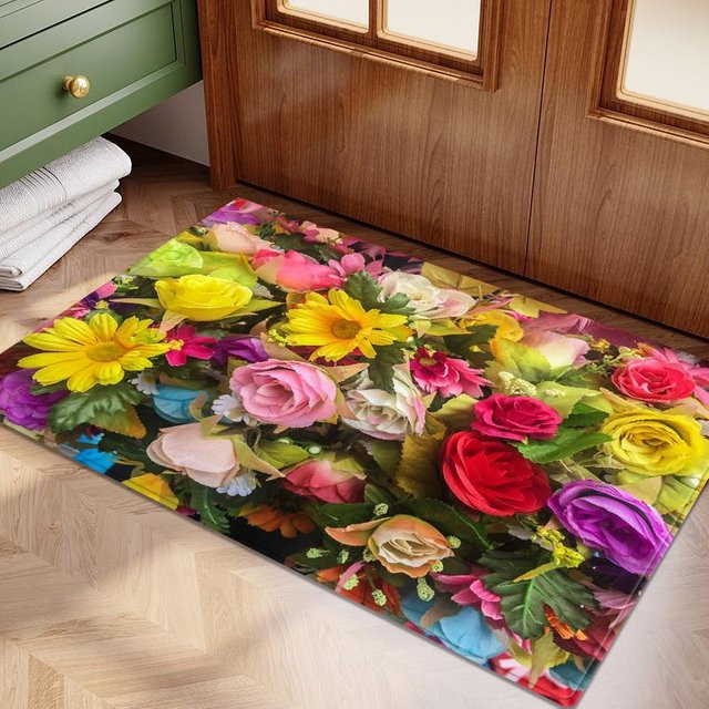 ZZ HOME Fußmatte mit 3D Blumenmuster aus Flanell, bunt, rutschfest und saugfähig, B/B: 60 x 90 cm - Bild 1