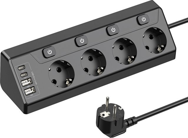 HITRENDS Desktop-Multikontakt-Steckdosenleiste in Schwarz mit 2 USB-A und 2 Typ-C Anschlüssen sowie 2 m Verlängerungskabel - Bild 1