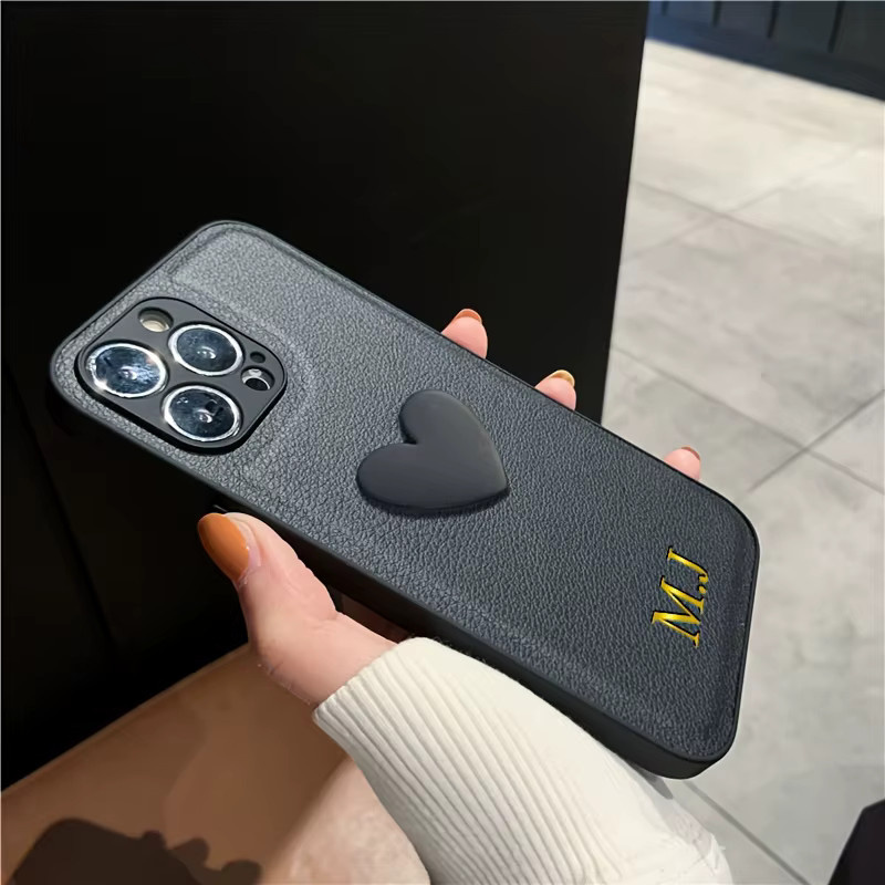YLUOYI Luxus Lederhülle mit Monogramm und Herz-Design für iPhone 16 Pro Max bis iPhone 7 Plus in Beige oder Schwarz - Bild 2