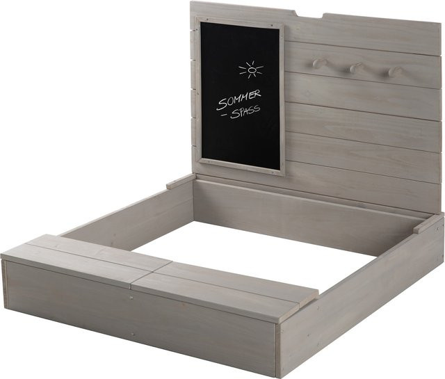 Roba Sandkasten aus Massivholz mit Deckel, Tafel und 3 Haken, Grau lasiert - Bild 1