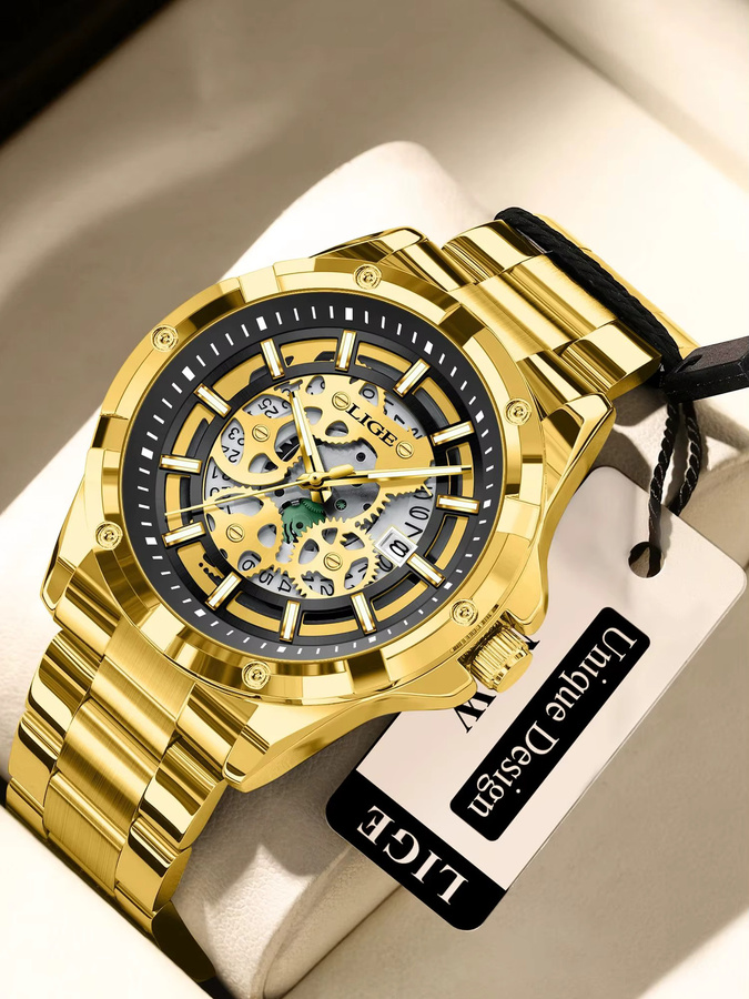LIGE Armbanduhr Skelett, Quarz, Gold, Edelstahl, Herren - Bild 5