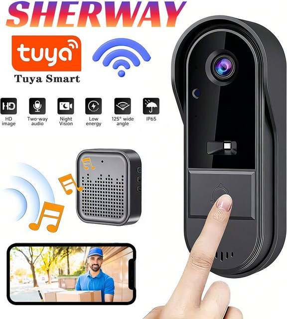 Tuya Smart Home WLAN Türklingel mit Kamera, kabelloses Set in Schwarz, wasserdichte Sicherheits-Audio-Gegensprechanlage mit Nachtsicht - Bild 1