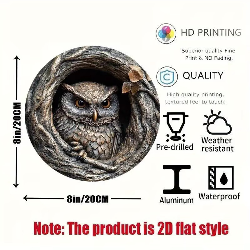 HELLOYOUNG Aluminium-Metallschild mit Eulenmotiv, kreisförmiges dekoratives Schild in Multicolour, Durchmesser: 20 cm - Bild 2