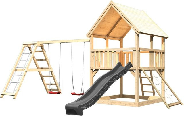 Karibu Spielturm Luis aus Massivholz mit Rutsche, Schaukel, Gerüst und Netzrampe in Natur-Anthrazit - Bild 1
