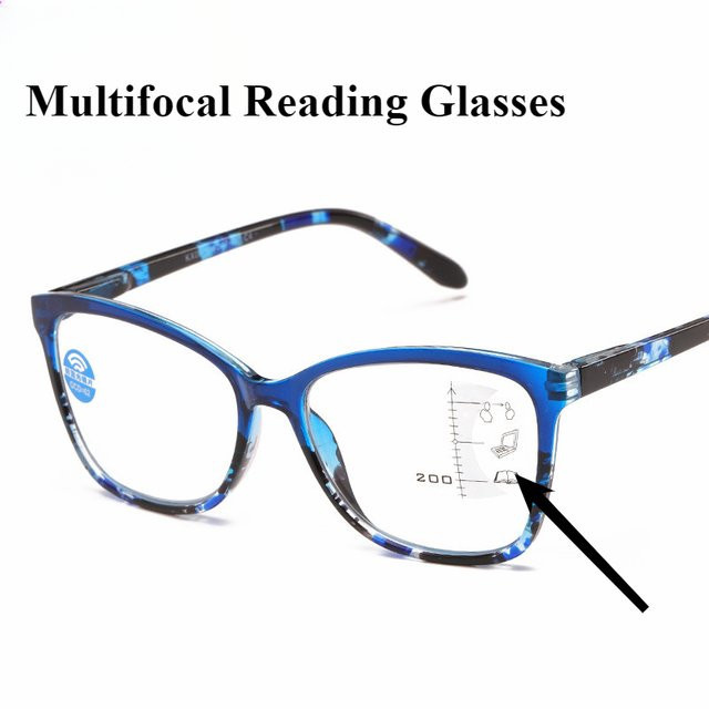 Progressive multifokale Lesebrille, Federbrille, Vollrand, Cat-Eye, buntes Blumen-Brillengestell - Bild 1